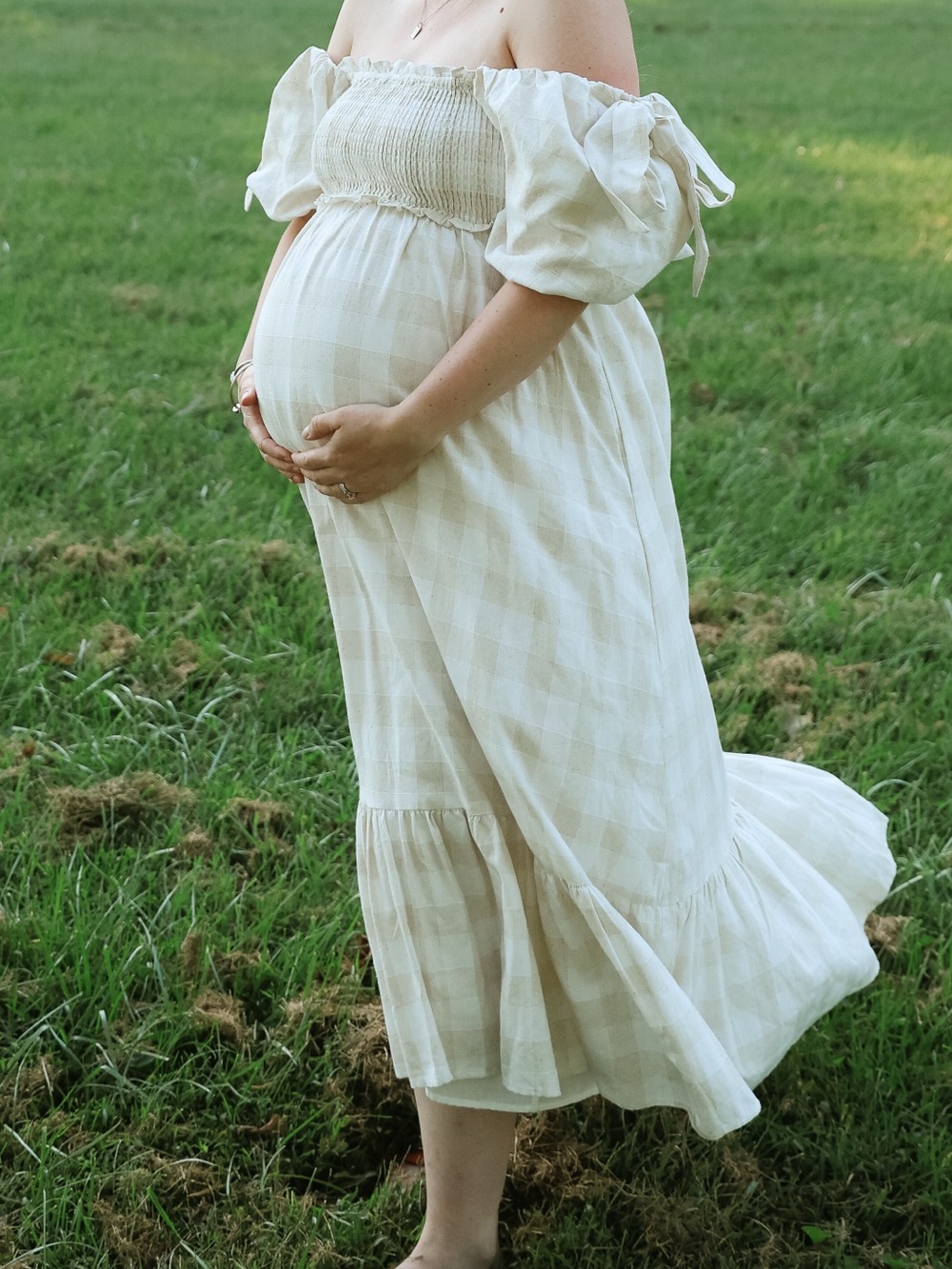 Worth Collective- Women's Cream Check Puff-Sleeve Midi Dress - Picture 6 of 6